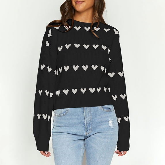 ClodeEU Womens Heart Sweater, Crew Neck Cute Ribbed Knit Sweaters, Loose Casual Pullover Tops Black,Womens Plus L