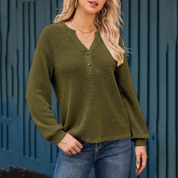 ClodeEU Womens Henley Sweater Tops,Solid Color Button V-neck,Casual Pullover Long Sleeved Top Green,Womens Plus S