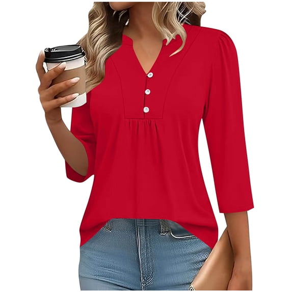 ClodeEU Womens Henley V-Neck 3/4 Length Sleeve Tops,Casual Summer Pleated T-Shirts ,Loose Fit Work Blouses Red,Womens Plus M