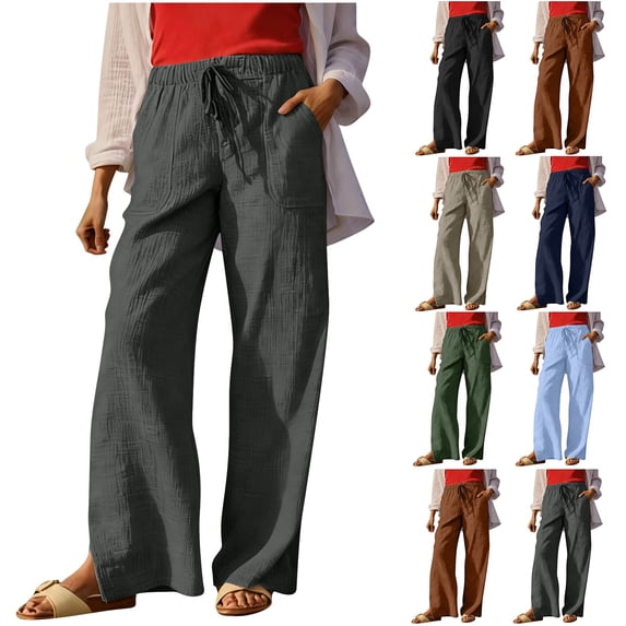 ClodeEU Womens High Waist Linen Blend Pocket Pants with Drawstring,Casual Loose Fit Pant Gray,Womens Plus S