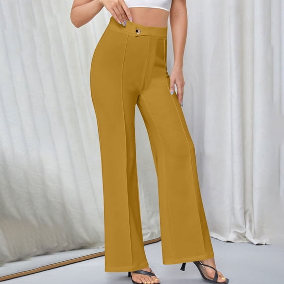 ClodeEU Womens High Waist Straight Leg Pant With Button,Spring Fall Casual Trendy Trouse For Work Yellow,Womens Plus XL