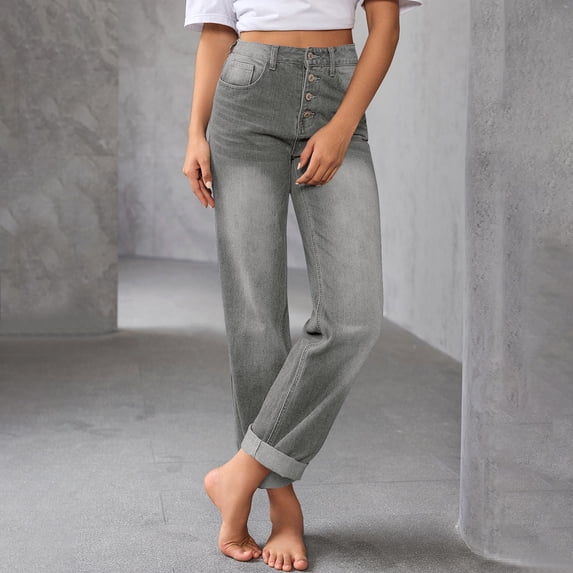 ClodeEU Womens High Waist Versatile Straight Leg Jeans,Stretchy Loose Denim Wide Leg Pants Gray,Womens Plus XL