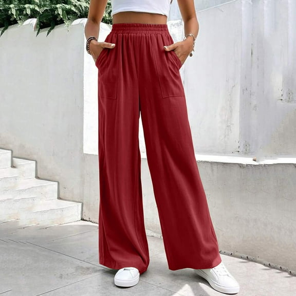 ClodeEU Womens High Waist Wide Leg Pants With Pockets,Elastic Waist Casual Loose Comfy Pant Wine,Womens Plus XXL