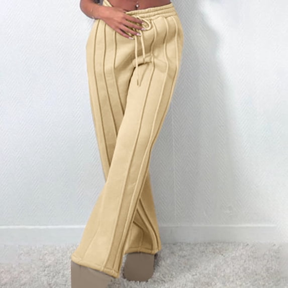 ClodeEU Womens High Waist Wide Leg Striped Flare Sweatpant with Drawstring,Casual Loose Pant Khaki,Womens Plus S