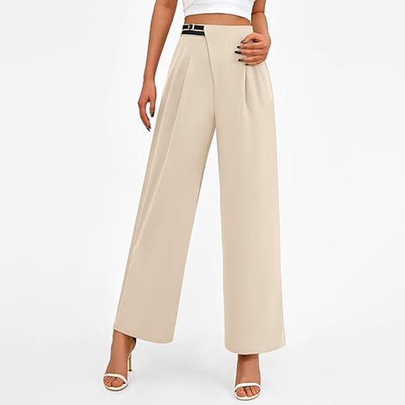 ClodeEU Womens High Waist Wide Leg Trousers with Pockets,Office Work Button Trousers Business Pant Beige,Womens Plus S
