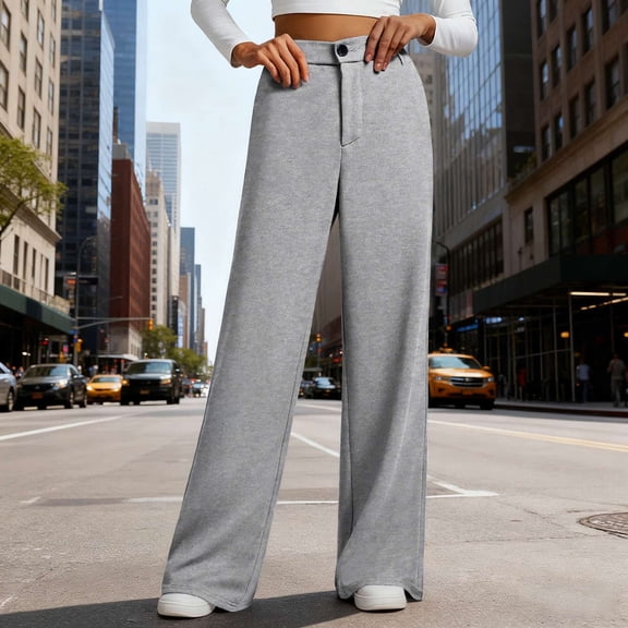 ClodeEU Womens High Waisted Straight Leg Slacks for Office ,Fall Business Casual Loose Trendy Trousers with Pockets Gray,Womens Plus M