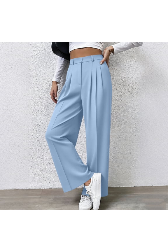 Womens High Waisted Wide Leg Pants ,Pleated Tailored Business Trousers with Pockets Light Blue,Womens Plus L