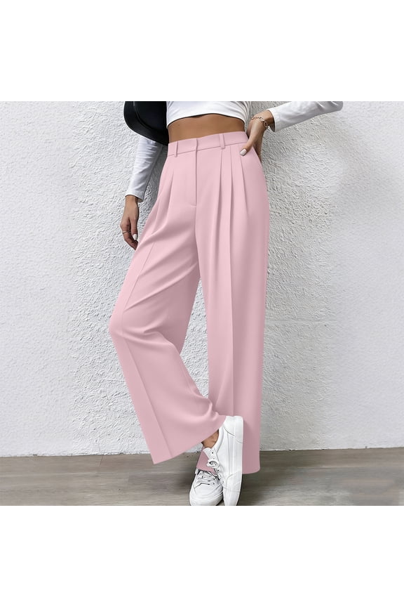Womens High Waisted Wide Leg Pants ,Pleated Tailored Business Trousers with Pockets Pink,Womens Plus L