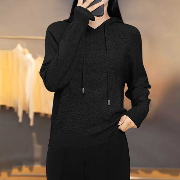 ClodeEU Womens Hooded Sweater With Drawstring ,Long Sleeve Knitting Pullover Tops,Fall Fashion Thick Sweater Black,Womens Plus XXL