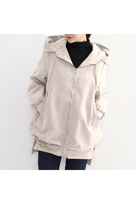 Womens Hooded Waterproof Jacket ,Fashion Long Sleeve Versatile Trench Coat With Pockets Beige,Womens Plus XL