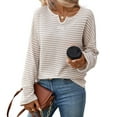 thumbnail image 1 of ClodeEU Womens Knit Striped V Neck T Shirt,Long Sleeve Fall Tops,Tunic Slim Fit Trendy Outfits Beige,Womens Plus XXL, 1 of 3