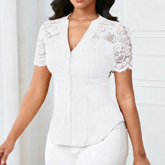 ClodeEU Womens Lace Trim Short Sleeve Button Down V Neck Casual Fashion Shirts White,Womens Plus L
