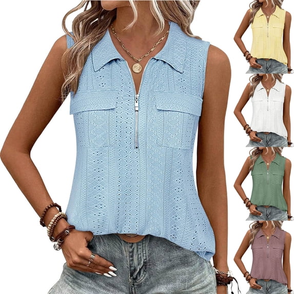 ClodeEU Womens Lapel Collared Quarter Zip Tank Tops ,Summer Sleeveless V Neck Business Blouses Shirts Pink,Womens Plus L