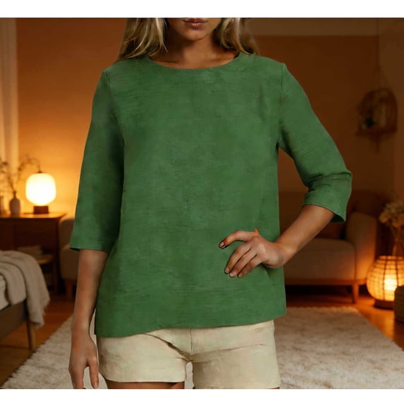 ClodeEU Womens Lightweight Linen 3/4 Sleeve Crewneck Shirt,Casual Loose Fit Breathable Tops Green,Womens Plus M