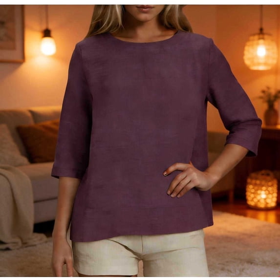 ClodeEU Womens Lightweight Linen 3/4 Sleeve Crewneck Shirt,Casual Loose Fit Breathable Tops Purple,Womens Plus M
