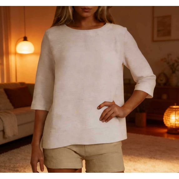 ClodeEU Womens Lightweight Linen 3/4 Sleeve Crewneck Shirt,Casual Loose Fit Breathable Tops White,Womens Plus L