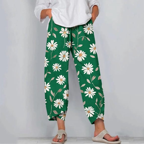ClodeEU Womens Lightweight Summer Printed Wide Leg Pants,Floral Print Sweatpants Workout Streetwear with Pockets Green,Womens Plus XXL