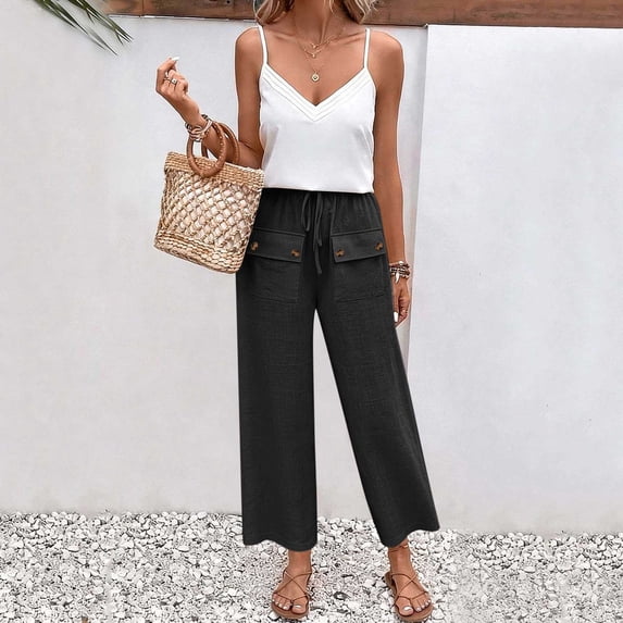 ClodeEU Womens Linen Blend Drawstring Pants ,Baggy Cropped Pants with Front Patch Pockets Black,Womens Plus S