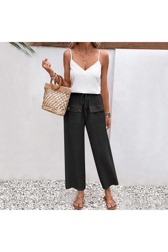 Womens Linen Blend Drawstring Pants ,Baggy Cropped Pants with Front Patch Pockets Black,Womens Plus S