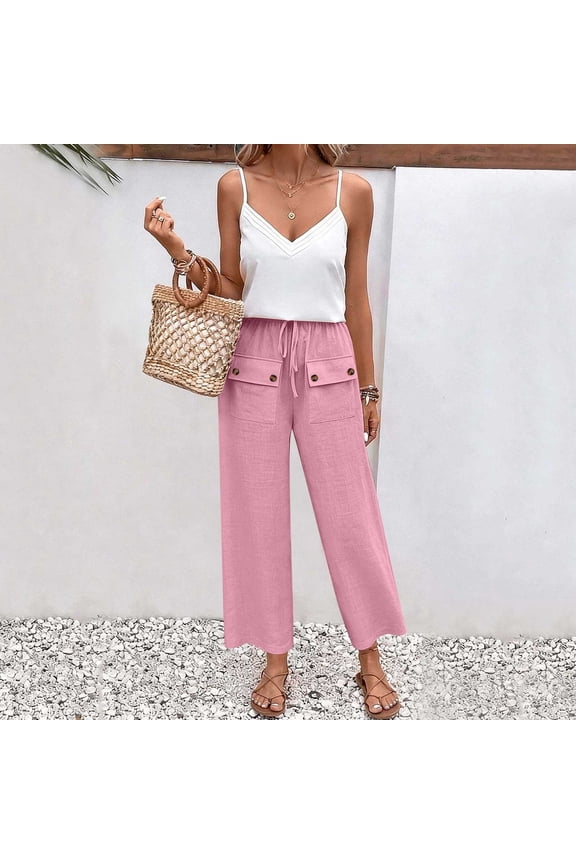 Womens Linen Blend Drawstring Pants ,Baggy Cropped Pants with Front Patch Pockets Pink,Womens Plus XXL