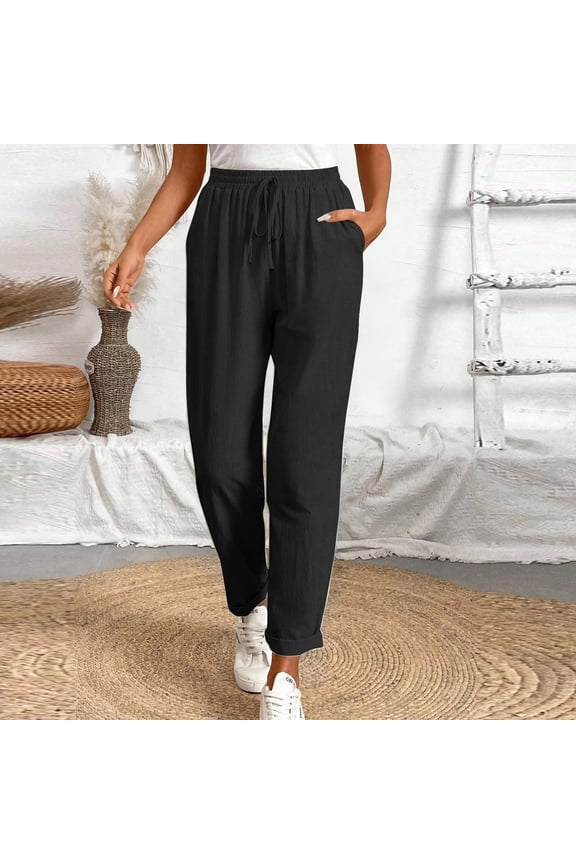 Womens Linen Blend Drawstring Pants with Pockets,Loose Elastic Waist Ankle Cropped Trouser Black,Womens Plus S