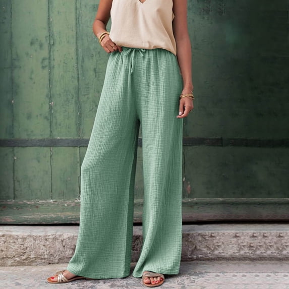 ClodeEU Womens Linen Blend Drawstring Wide Leg Pants,Casual Loose Trendy Pant Green,Womens Plus M