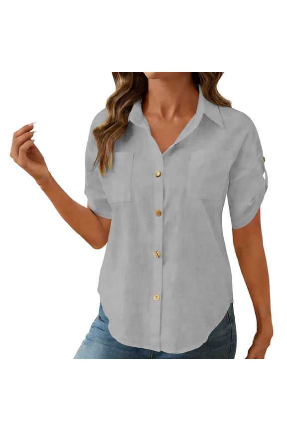 Womens Linen Button Up Short Sleeve Shirt ,Summer Casual Lapel Collared Shirts Gray,Womens Plus S