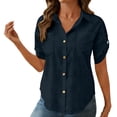 thumbnail image 1 of ClodeEU Womens Linen Button Up Short Sleeve Shirt ,Summer Casual Lapel Collared Shirts Navy,Womens Plus M, 1 of 7