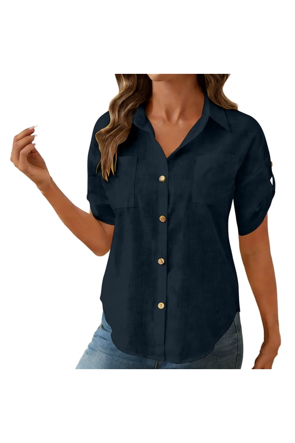 Womens Linen Button Up Short Sleeve Shirt ,Summer Casual Lapel Collared Shirts Navy,Womens Plus XL