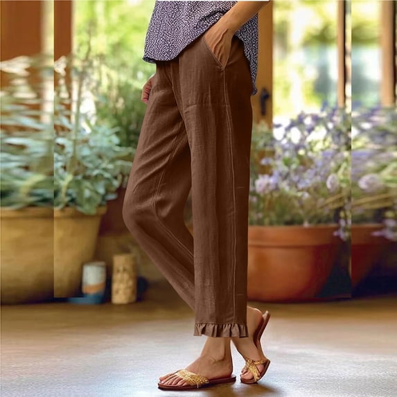 ClodeEU Womens Linen Capri Pants With Pockets,Ruffle Hem Pants,High Waisted Casual Lightweight Loose Trousers Coffee,Womens Plus S
