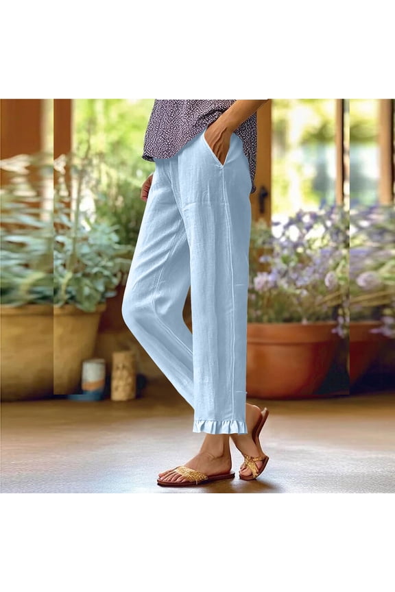 Womens Linen Capri Pants With Pockets,Ruffle Hem Pants,High Waisted Casual Lightweight Loose Trousers Light Blue,Womens Plus L