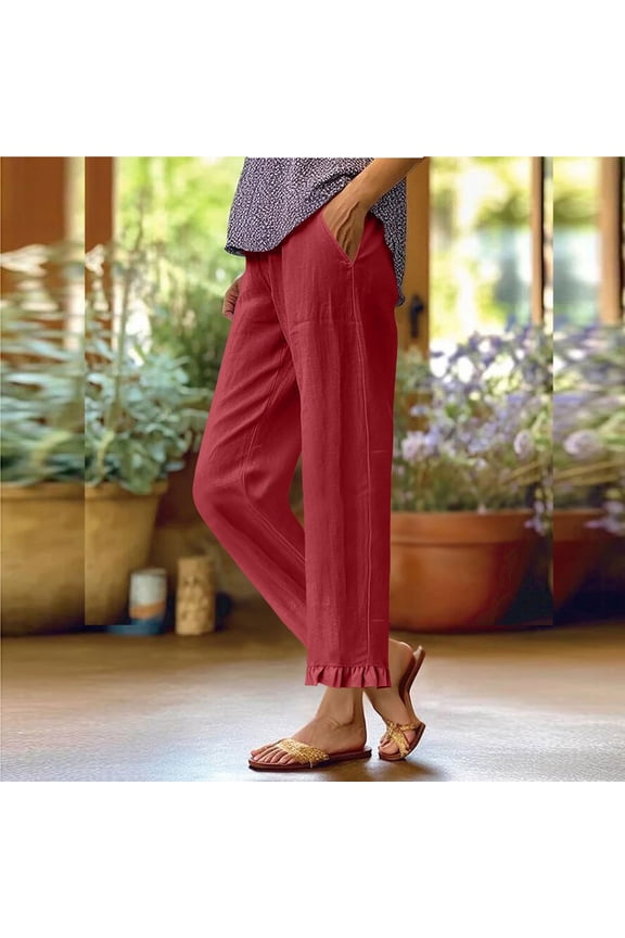Womens Linen Capri Pants With Pockets,Ruffle Hem Pants,High Waisted Casual Lightweight Loose Trousers Red,Womens Plus S