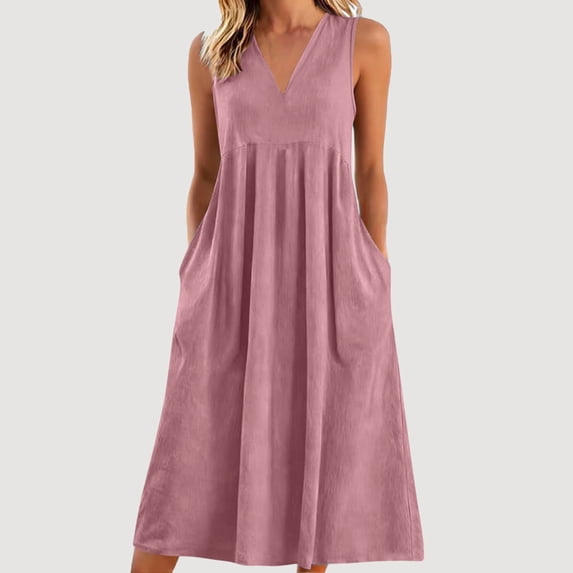 ClodeEU Womens Linen V Neck Sleeveless Crinkle Dress,Loose Vacation Maxi Long Dresses with Pockets Pink,Womens Plus M