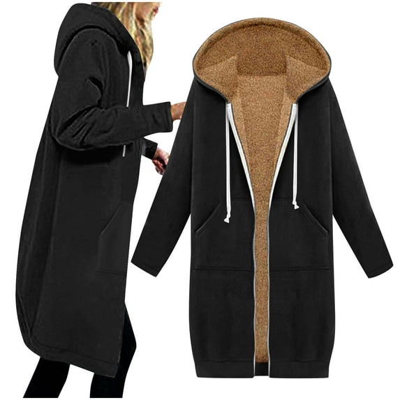 ClodeEU Womens Long Hooded Sweatshirts With Pockets,Sherpa Fleece Lined Down Coat ,Fall Winter Warm Outwear Black,Womens Plus M