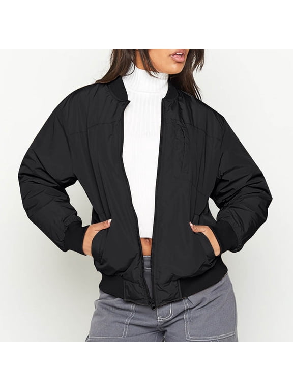 Womens Long Sleeve Baseball Jacket,Warm Windproof Zipped Jacket, Stand Collar Loose Coat Tops Black,Womens Plus L