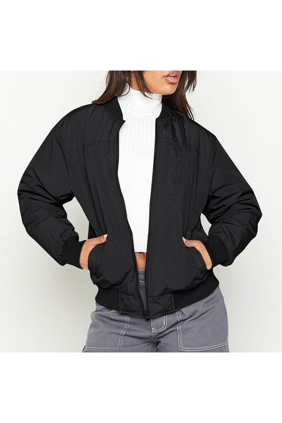 Womens Long Sleeve Baseball Jacket,Warm Windproof Zipped Jacket, Stand Collar Loose Coat Tops Black,Womens Plus M