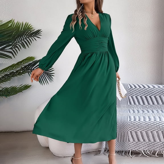 ClodeEU Womens Long Sleeve Boho V Neck Holiday Formal Long Dresses,Trendy Elegant A-Line Chiffon Wrap Dress Green,Womens Plus S