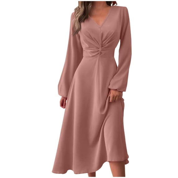 ClodeEU Womens Long Sleeve Dress ,2025 Fall Trendy Elegant V Neck , Wedding Guest Holiday Formal Long Dresses Pink,Womens Plus S