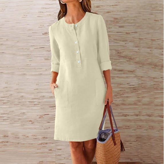 ClodeEU Womens Long Sleeve Grewneck Button Front Pocket Dress, Casual Loose Mini Dress Beige,Womens Plus XL