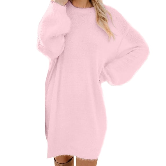 ClodeEU Womens Long Sleeve Grewneck Fleece Midi Dress,Fuzzy Bodycon Cozy Dress Pink,Womens Plus S