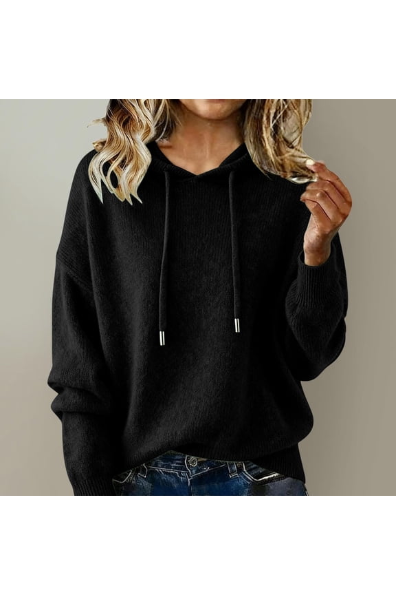 Womens Long Sleeve Hooded Knit Sweater,Casual Fashion Fall Drawstring Thick Sweater Black,Womens Plus XXL