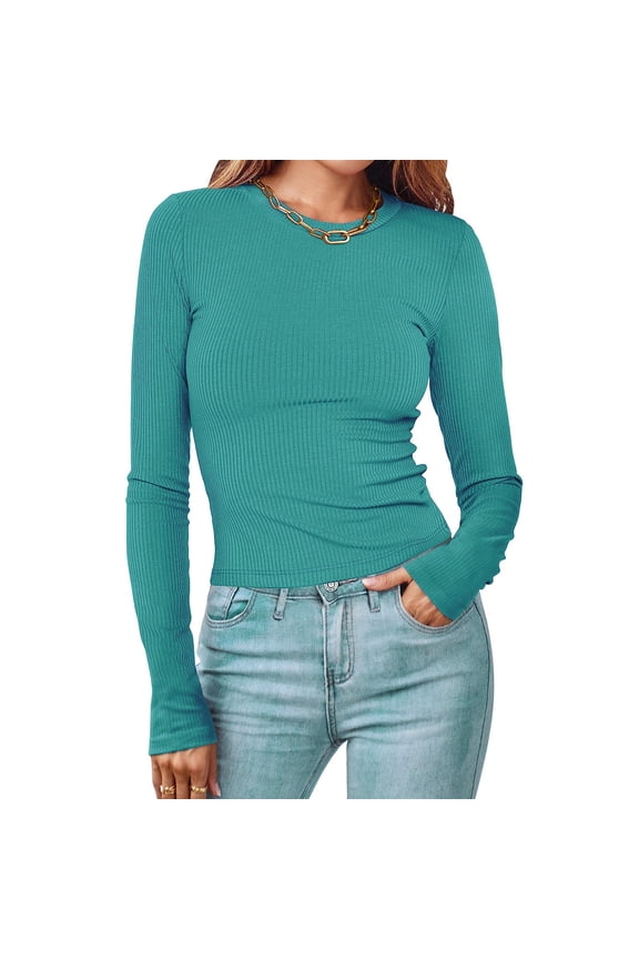 Womens Long Sleeve Round Neck T Shirts,Stretchy Tight Slim Fit Blouse Tops Light Blue,Womens Plus S