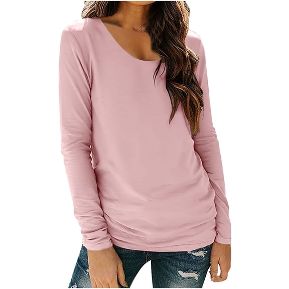 ClodeEU Womens Long Sleeve Scoop Neck Slim Shirt,Casual Tops Soft Solid Basic Tee Blouses Pink,Womens Plus M