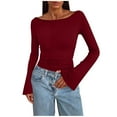 thumbnail image 1 of ClodeEU Womens Long Sleeve Shirts,Boat Neck Bell Sleeve Ribbed Ruched Clothes,Fall Off The Shoulder Going Out Tops Wine,Womens Plus L, 1 of 6