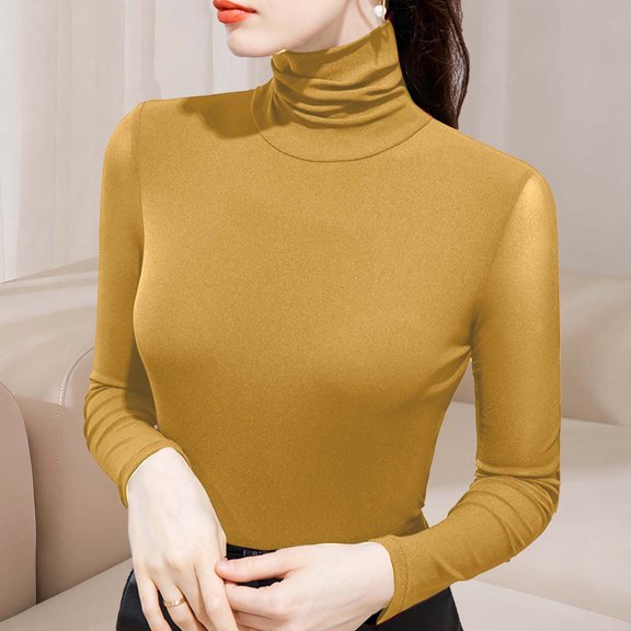 ClodeEU Womens Long Sleeve Slim High Neck Tops,Fall Winter Fitted Thermal Underwear Tops Yellow,Womens Plus XXXL