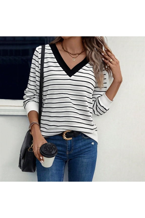 Womens Long Sleeve Striped V Neck T Shirts, Casual Trendy Loose Fit Casual Tops Black,Womens Plus M