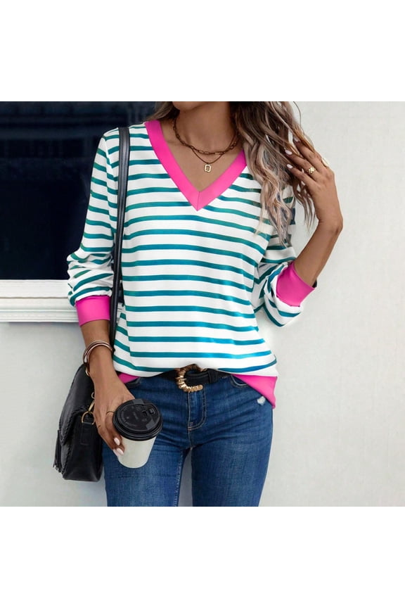 Womens Long Sleeve Striped V Neck T Shirts, Casual Trendy Loose Fit Casual Tops Light Blue,Womens Plus S