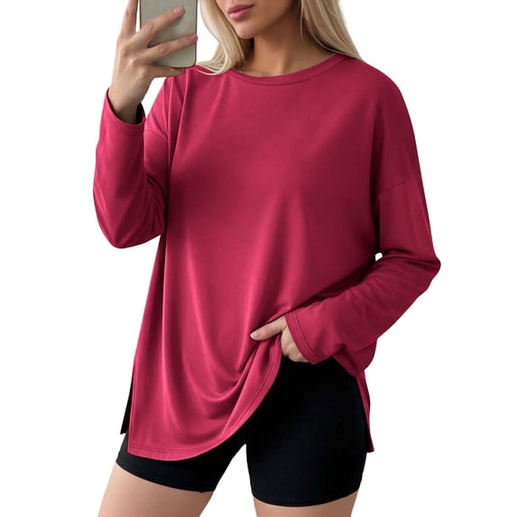 ClodeEU Womens Long Sleeve T Shirts ,Loose Fit Crewneck Basic Tee ,Oversized Tops Workout Sweatshirts Hot Pink,Womens Plus XXXL