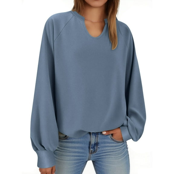 ClodeEU Womens Long Sleeve Tops, V Neck Shirts,Casual Blouses Fall Outfits,Trendy Clothes Clothes 2025 Blue,Womens Plus XL
