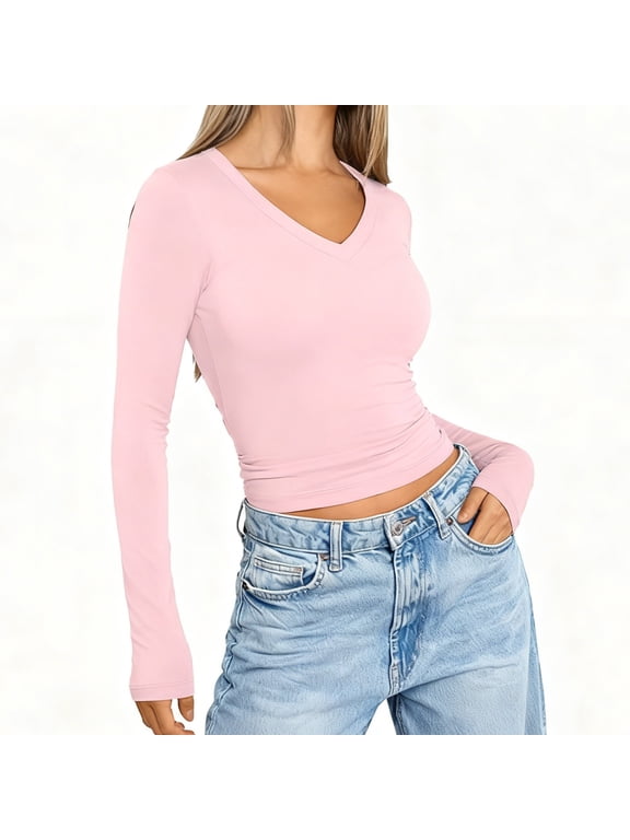 Womens Long Sleeve V Neck Ribbed Knit T Shirt ,Summer Casual Slim Fit Basic Tees Pink,Womens Plus S